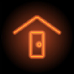 House roof with door simple icon vector. Flat design. Orange neon on black background