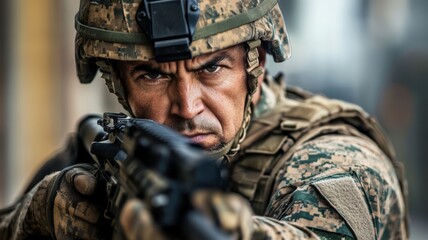 A determined soldier intensely aims his rifle during an urban combat mission, showcasing focus and readiness in a tense situation.