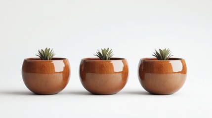 Fototapeta premium Three brown ceramic pots with small green plants, arranged in a row on a white background.