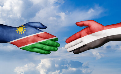 Yemen and Namibia country handshaking with flags, consensus concept international co-operation illustration