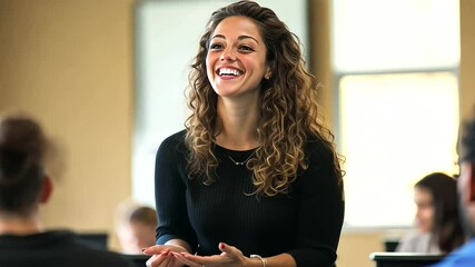 female teacher presenting a lesson with a bright and approachable demeanor, fostering a supportive and encouraging classroom atmosphere