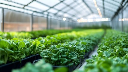 Lush Green Leafy Vegetables in Automated Greenhouse Setup