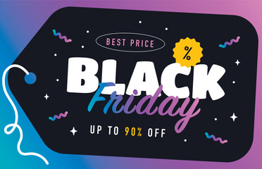 Black Friday poster with discounts and gifts on a dark gradient background