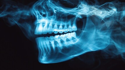 A human jawbone, rendered in a smoky blue hue, appears ghostly and ethereal against a black background.