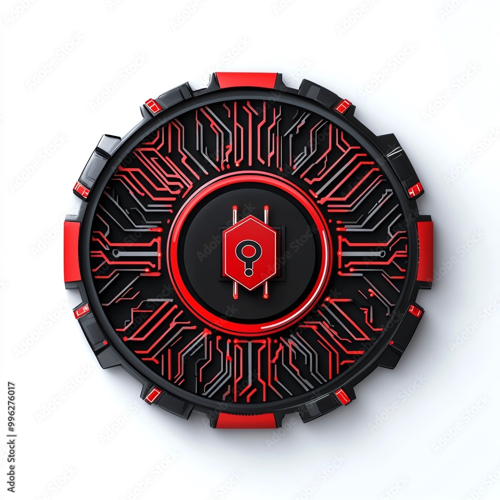Poster futuristic circuit board design with black and red elements on a white isolate background.