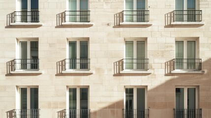 Obraz premium Modern Parisian building facade, minimalist design, complete wall with windows and doors, sunny afternoon, peaceful atmosphere, no people around.