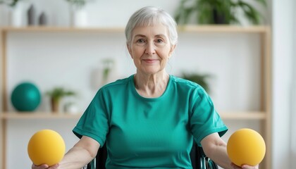 Caregiver teaching elderly woman rehabilitation exercises from wheelchair, focused healthcare support, physical recovery elderly care
