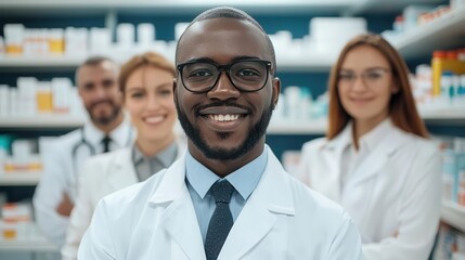 Obraz premium Diverse group of pharmacists collaborating behind pharmacy counter, teamwork in healthcare, multicultural team, pharmaceutical care concept