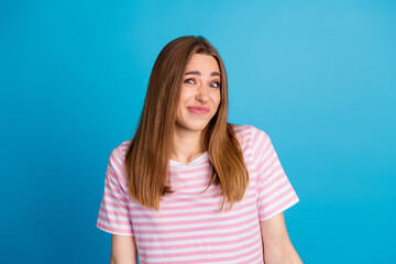 Photo of adorable lovely charming woman wear trendy pink clothes isolated on blue color background