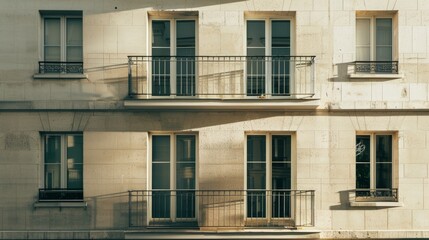 Obraz premium Modern Parisian building facade, minimalist design, complete wall with windows and doors, sunny afternoon, peaceful atmosphere, no people around.