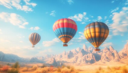 Fototapeta premium 4K wallpaper of colorful hot-air balloons fluttering over mountains.