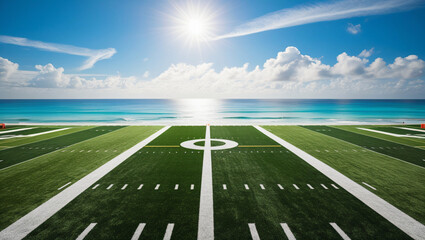Tranquil american football field with lush, bright green grass, with ocean views, ai generated