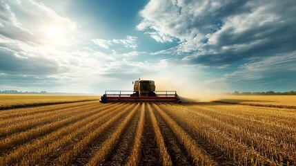 Fototapeta premium Vast Golden Wheat Field with Tractor at Sunset in Scenic Countryside Landscape