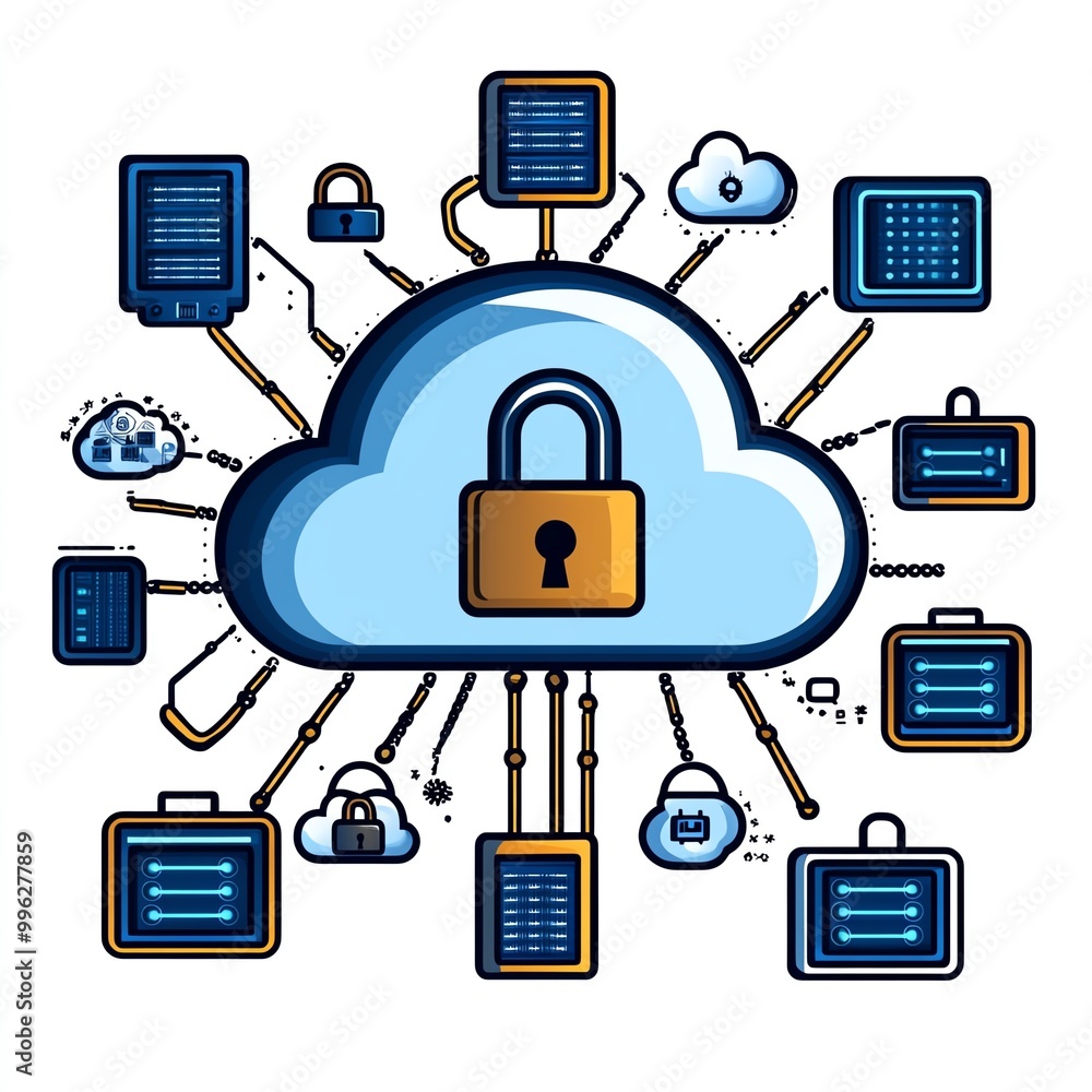 Poster illustration of cloud computing with security locks and data connections.