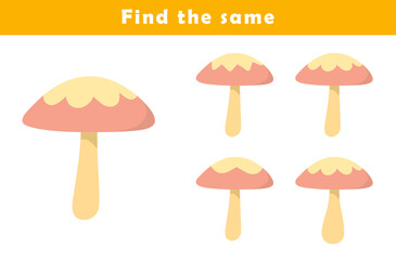 Find the same picture worksheet for kids. Worksheet for kids kindergarten, preschool and school age. Education game for children with cute mushroom illustration.	
