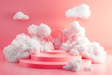 A pink cloud filled sky with a pink archway in the middle