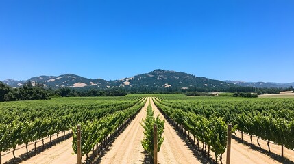 Beautiful Scenic Vineyard Landscape with Green Grape Vines Rows and Blue Sky