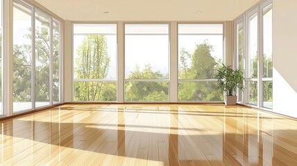 Open living space with bamboo flooring, large windows, and natural light, flat design illustration