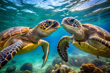 Fototapeta premium Two sea turtles swimming in clear ocean water