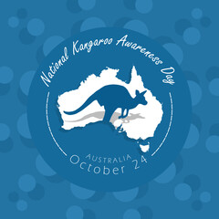National Kangaroo Awareness Day is celebrated on October 24 in Australia. Illustration of a kangaroo on a map of Australia on a dark blue background. Animal event banner