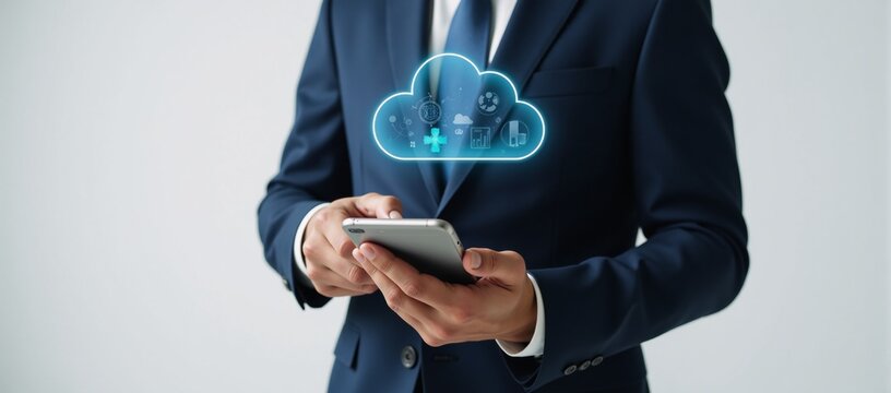 Businessman holds mobile phone revealing a virtual cloud-computing environment technology transformation