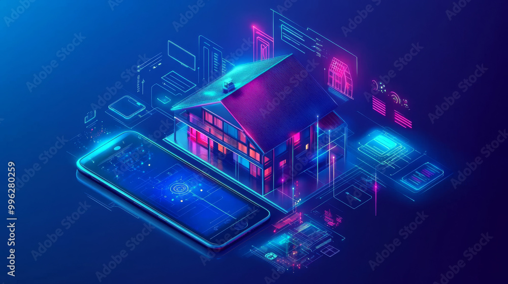 Poster a concept showing a phone controlling a smart home via the internet, illustrating the internet of th