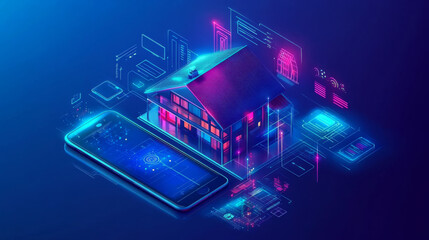 A concept showing a phone controlling a smart home via the internet, illustrating the Internet of Things (IoT) technology for home automation. The phone’s screen displays icons of various smart device