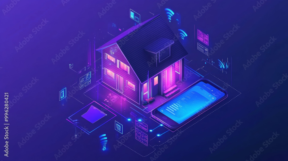 Poster a concept showing a phone controlling a smart home via the internet, illustrating the internet of th
