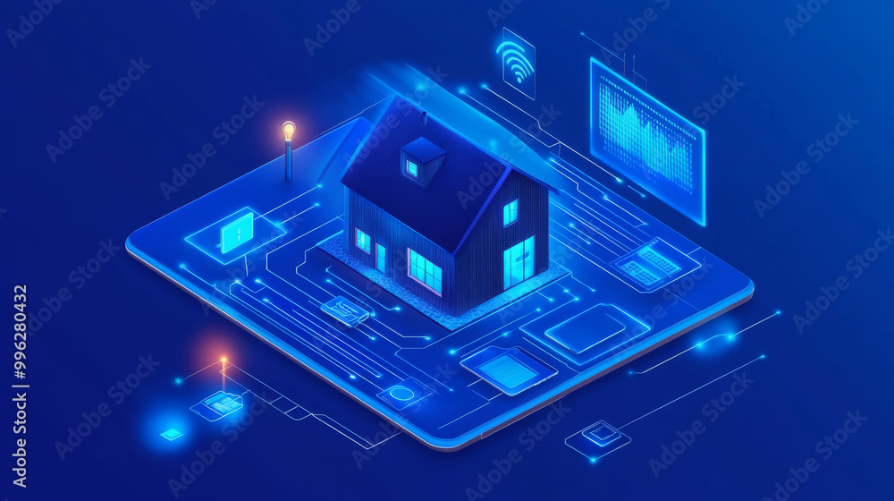 Poster a concept showing a phone controlling a smart home via the internet, illustrating the internet of th