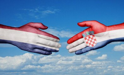 Croatia and Netherlands country handshaking with flags, consensus concept international co-operation illustration