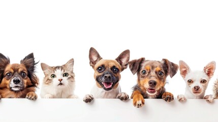 Obraz premium Happy Dogs and Various Cats Frame on White Background for Copy Space
