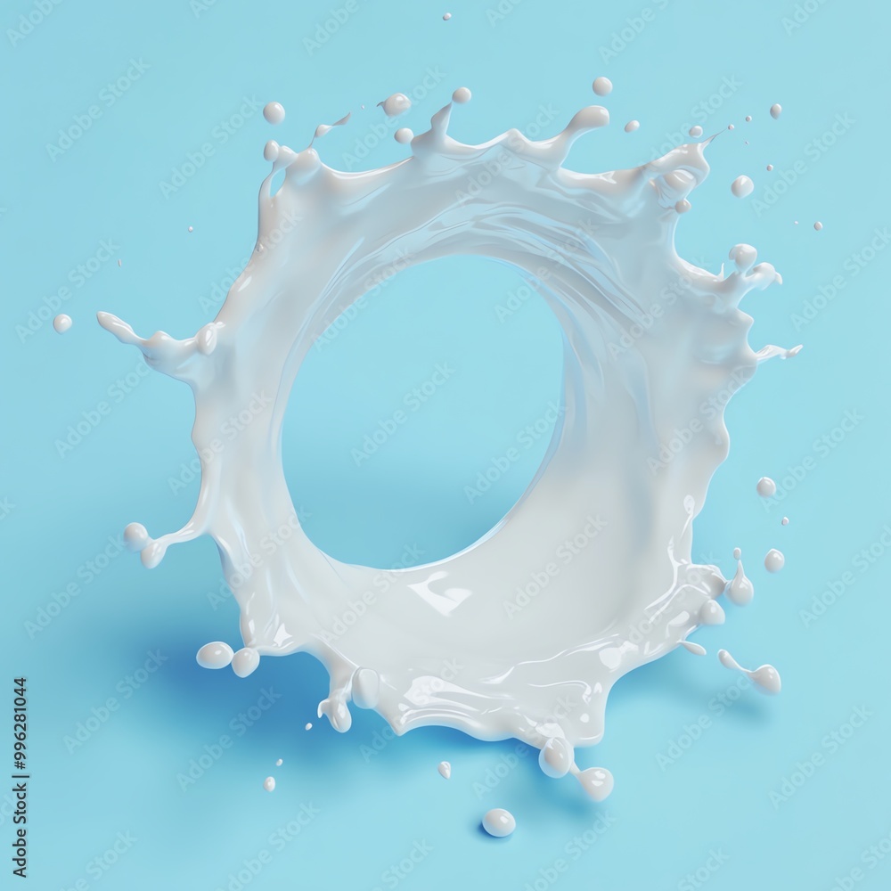 Poster milk splash creating a circular shape, bright blue backdrop, capturing dynamic motion and freshness.
