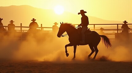 Obraz premium A Cowboy Riding a Bucking Horse at a Dusty Rodeo Arena During Sunset