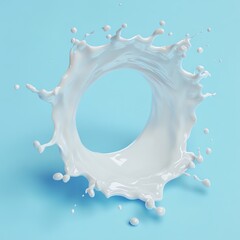 Milk splash creating a circular shape, bright blue backdrop, capturing dynamic motion and freshness.