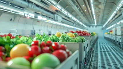 Perishable goods air transport featuring a detailed view of temperature monitoring systems, ensuring the safe delivery of fresh produce