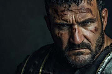 Obraz premium Portrait of a Scarred Veteran Gladiator with Contemplative Gaze 