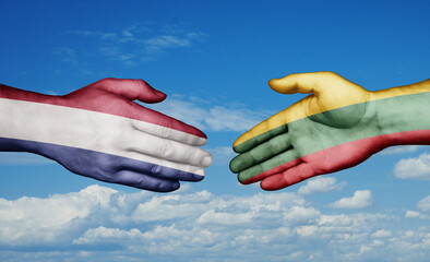 Lithuania and Netherlands country handshaking with flags, consensus concept international co-operation illustration