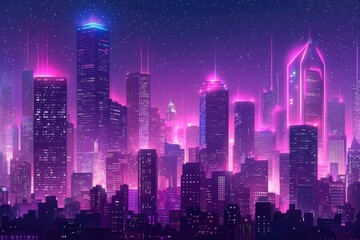 Futuristic Cityscape with Neon Lights and a Starry Night