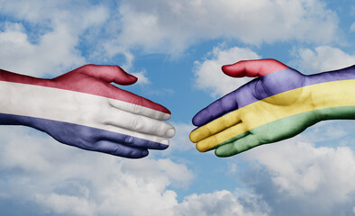 Mauritius and Netherlands country handshaking with flags, consensus concept international co-operation illustration