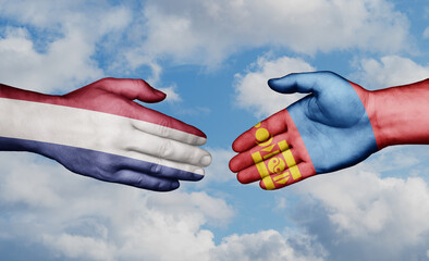 Mongolia and Netherlands country handshaking with flags, consensus concept international co-operation illustration