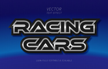 Racing cars outlined silver steel and dark matte text effect with blue gradient background. graphic styles ready
