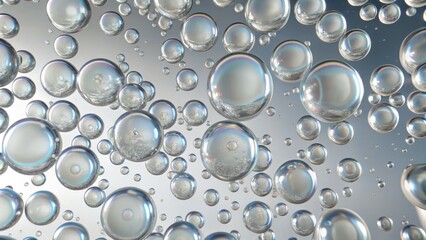 Close-up of shiny bubbles on a smooth silver surface.