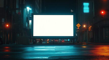 panorama of billboard advertising ad sign city buildings highway road with blue light at night background horizontal digital painting 2d illustration	