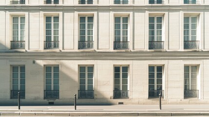 Modern Parisian building facade, minimalist design, full wall with windows and doors, sunny afternoon light, serene atmosphere, no people around.