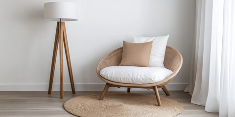 Cozy corner with a rattan chair, soft pillows, and a stylish floor lamp in a bright minimalist living room setting