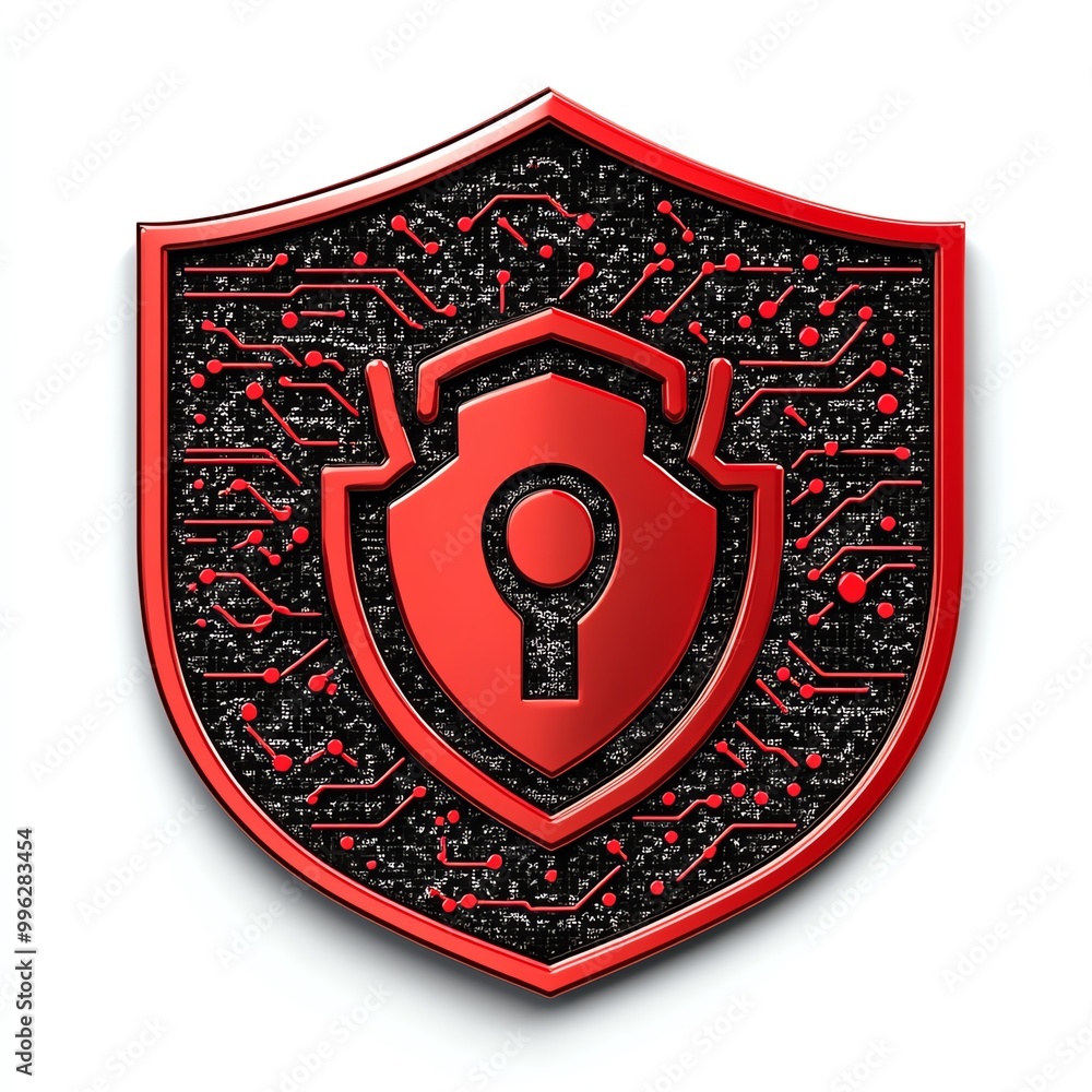 Poster red shield icon with circuits, symbolizing cybersecurity and protection. isolated on white backgroun