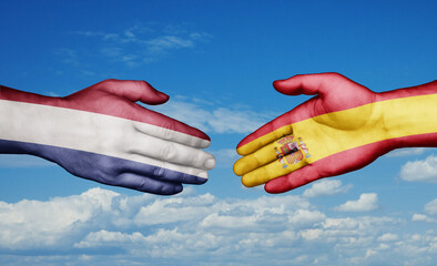 Spain and Netherlands country handshaking with flags, consensus concept international co-operation illustration