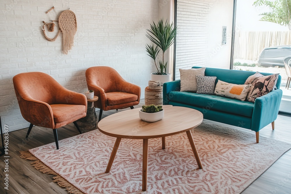 Wall mural this photo shows a turquoise sofa and pastel pink chair standing in a bright living room with a flam