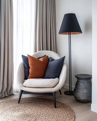 Cozy living room corner featuring a modern chair with colorful pillows, a stylish lamp, and a decorative rug in a bright space
