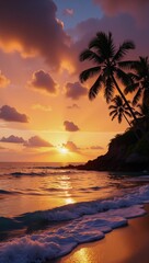 Stunning tropical sunset over calm sea featuring palm tree-framed colorful sky